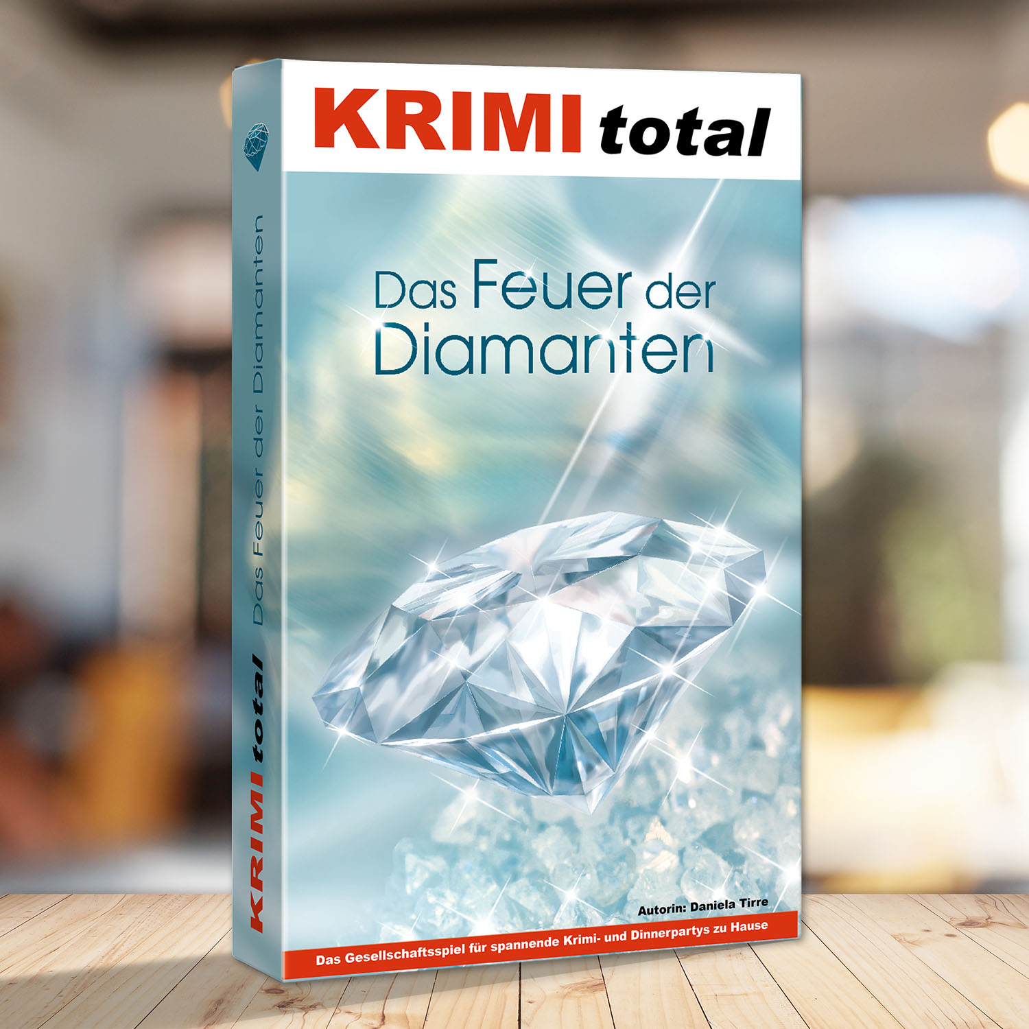 Abbildung eines Spielkartons des Krimidinner Spiels "KRIMI total - Das Feuer der Diamanten"