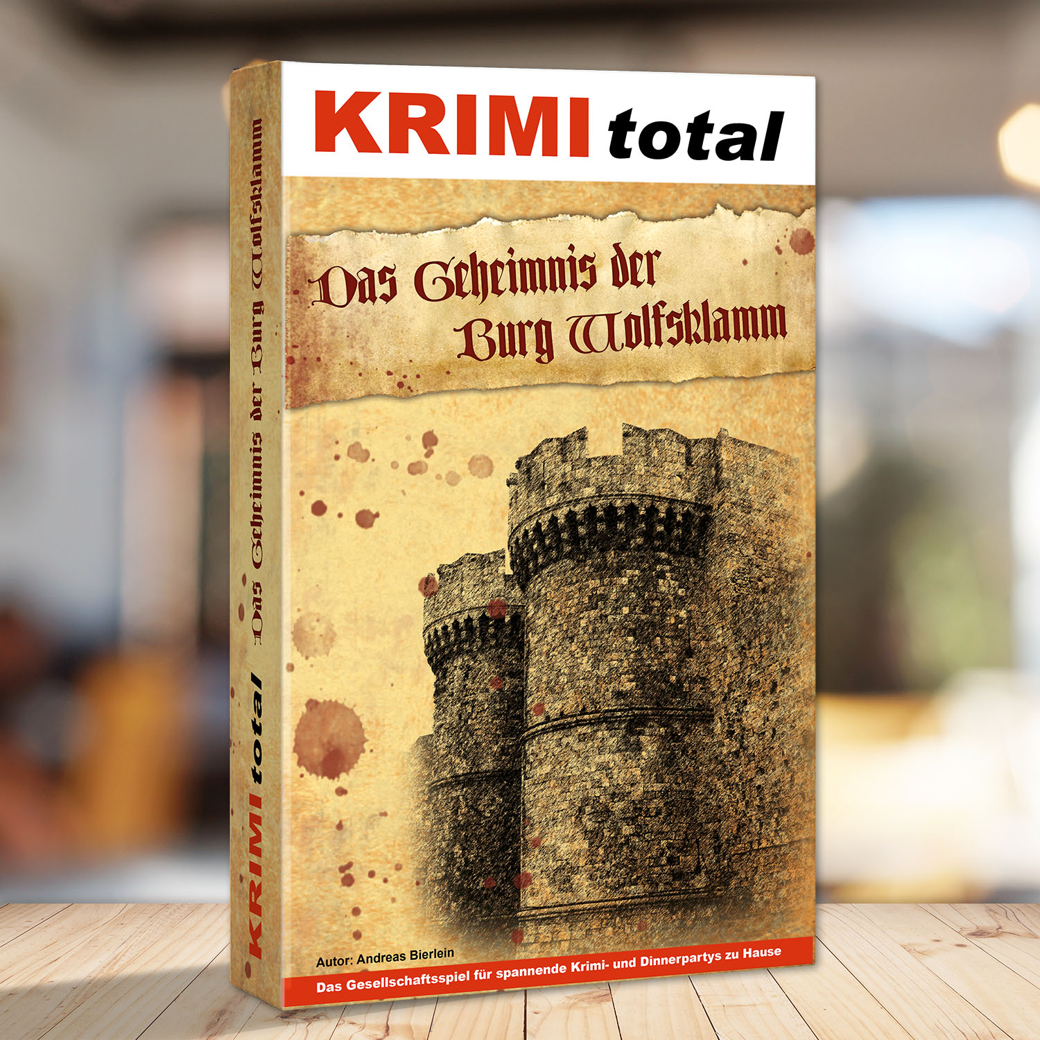 Abbildung eines Spielkartons des Krimidinner Spiels "KRIMI total - Das Geheimnis der Burg Wolfsklamm"