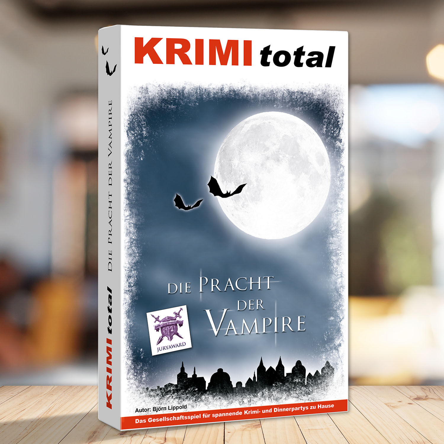 Abbildung eines Spielkartons des Krimidinner Spiels "KRIMI total - Die Pracht der Vampire"